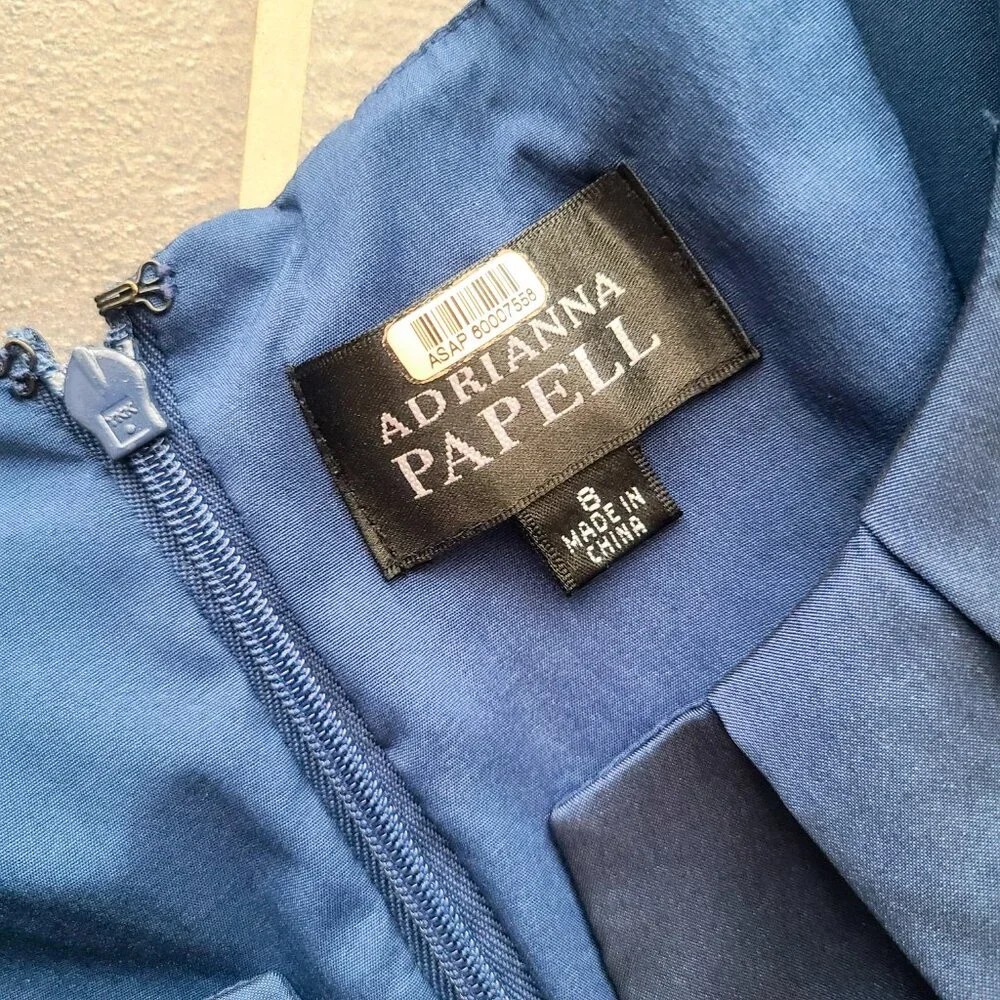 Adrianna Papell Taffeta Metallic Navy Blue Sleeveless Knee Length Evening Dress - Picture 7 of 13